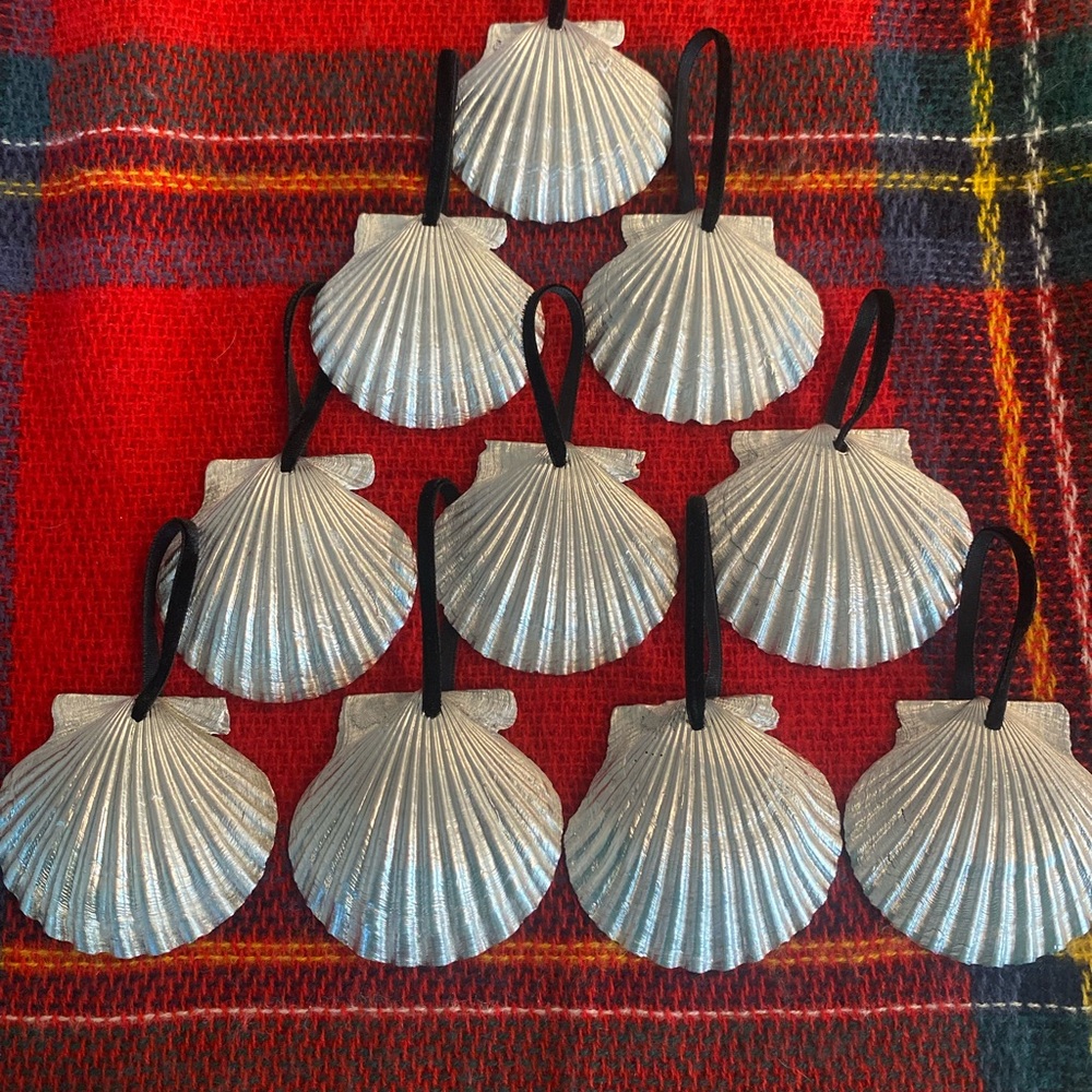 Lot of 10 Silver Shell Ornaments with Black Velvet Ribbon